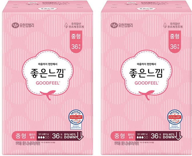 좋은느낌 에어핏 쿠션 울트라 슬림 생리대 날개형, 중형, 36개입, 2개
