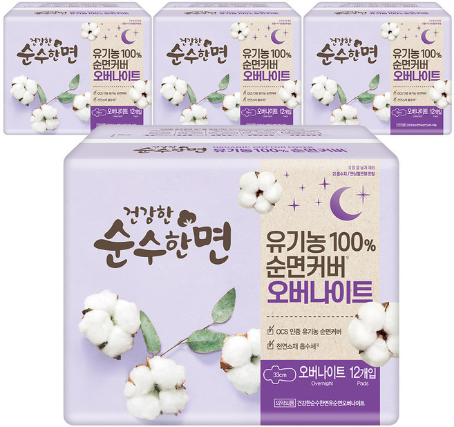 순수한면 건강한 생리대 날개형, 12개입, 4개