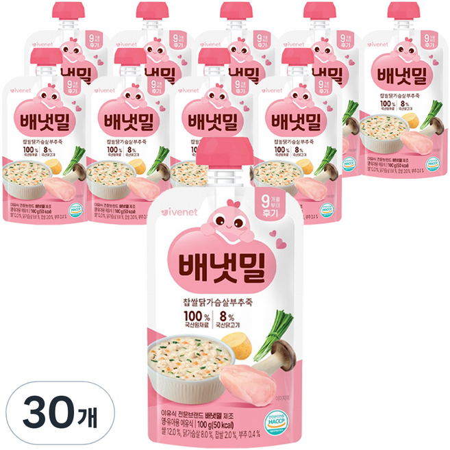 배냇밀 후기 찹쌀 닭가슴살 부추죽, 100g, 30개, 혼합맛(닭가슴살/찹쌀/부추)