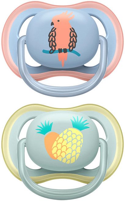 PHILIPS 飛利浦 AVENT 新安怡 Ultra Air 動物圖案安撫奶嘴組, 0~6個月, 鸚鵡 + 鳳梨, 1組