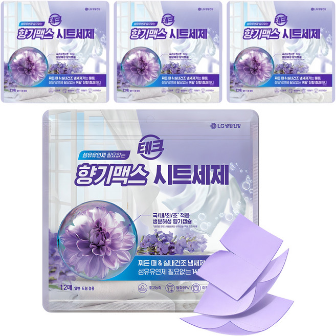 테크 섬유유연제 필요없는 향기맥스 시트세제, 12개입, 4개