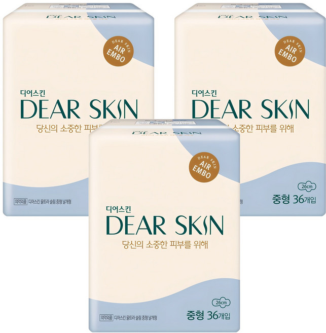 디어스킨 에어엠보 생리대 날개형, 중형, 36개입, 3개