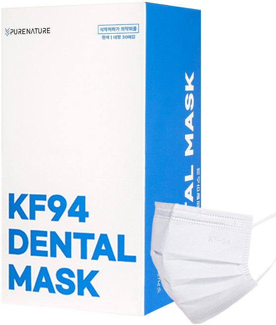 Purenature 덴탈형 피부 저자극 황사용마스크 대형 성인용 KF94, 30개입, 1개, 화이트