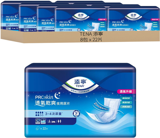 TENA 添寧 透氣乾爽夜用型替換式尿片 需搭配成人紙尿褲, 45cm, 22片, 8包