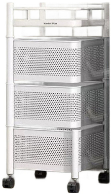 마켓플랜 이동식 트롤리 다층수납 회전 선반 28x59cm 3단, 화이트