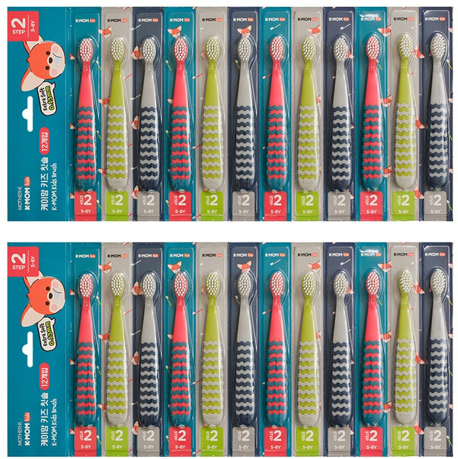 케이맘 키즈 칫솔 2단계, 캔디핑크 + 스트라이크그레이 + 애플라임, 12개입, 2세트