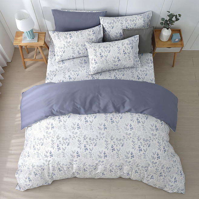 Hong Yew Bedding 鴻宇寢飾 100%純棉薄被套 台灣製, 花卉圖案 白色 + 灰藍色