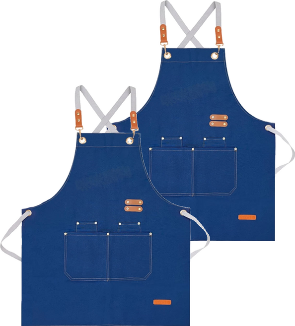防潑水工作圍裙 帆布皮革金屬材質 廚房咖啡廳適用, 深藍色, 2件