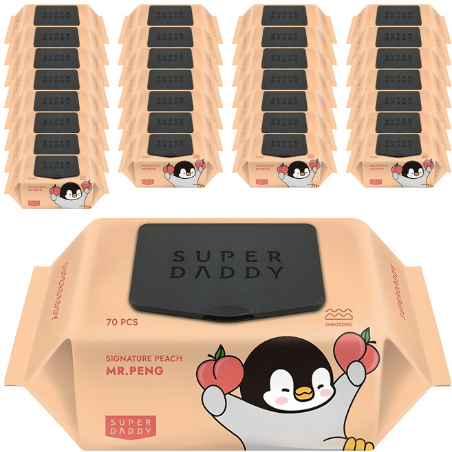 슈퍼대디 시그니처 미스터펭 피치 엠보싱 아기물티슈 캡형, 40개, 70개입, 70g