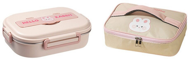 Mega 可愛粉色小兔五格便當盒 + 便當袋 28 x 20 x 7.5cm, 粉兔, 1組