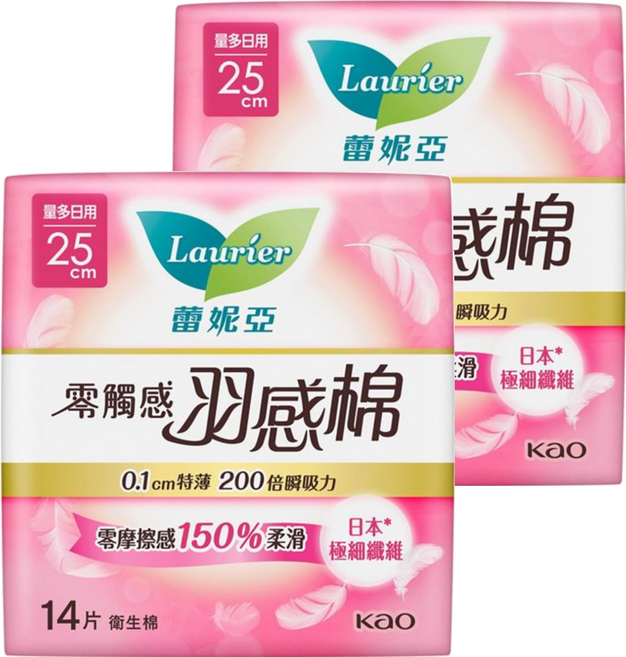 Laurier 蕾妮亞 台灣公司貨 零觸感特薄 0.1cm 羽感棉 衛生棉 量多日用加長型, 25cm, 14片, 2包