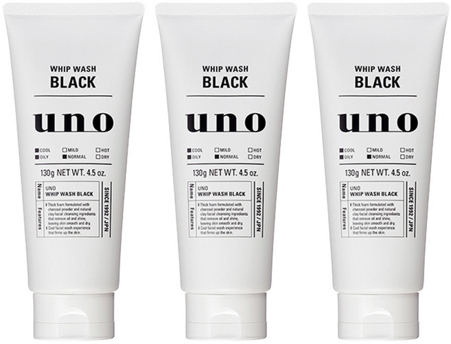 uno 男士炭粉淨油泡沫洗面乳, 130g, 3條