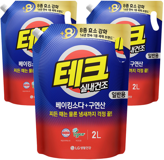 테크 베이킹소다 플러스 구연산 실내건조 액체세제 일반 리필, 2L, 3개