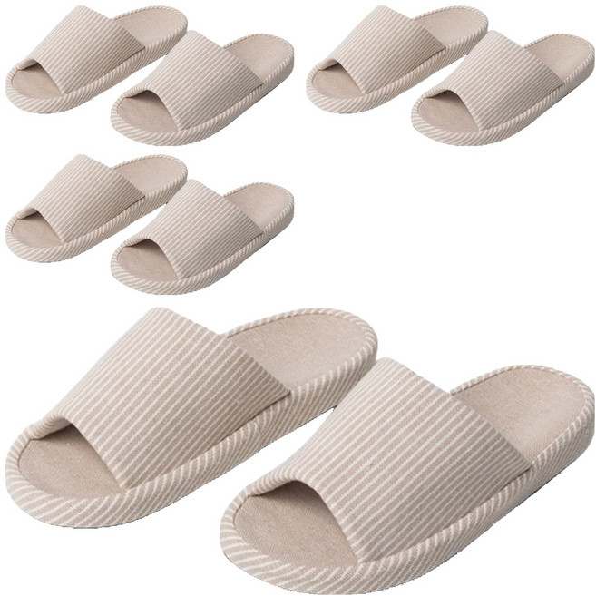 여성용 도톰 스트라이프 룸 슬리퍼, 베이지, 4개
