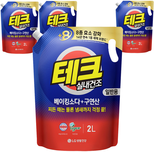 테크 베이킹소다 플러스 구연산 실내건조 액체세제 일반 리필, 2L, 4개