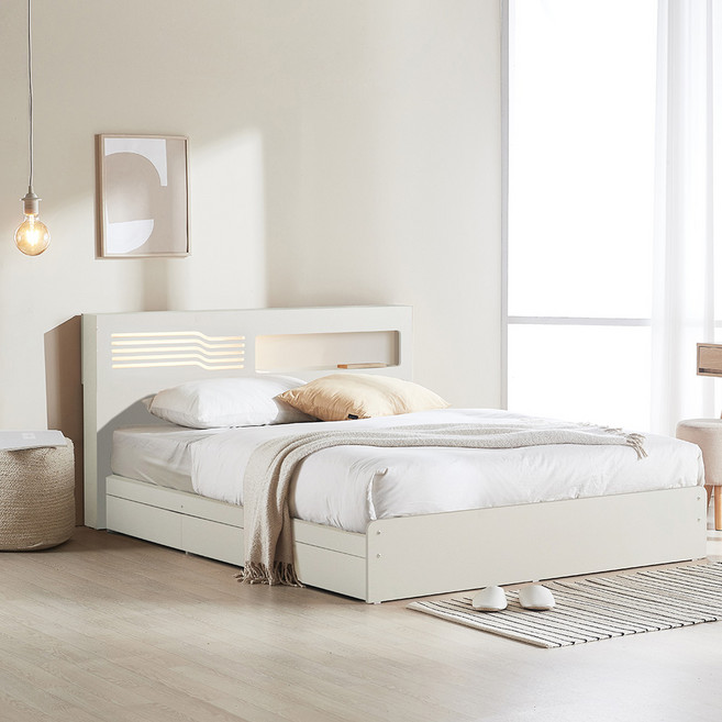 파로마 레아 LED 멀티수납침대 프레임 + 본넬 매트리스 세트 방문설치, 화이트