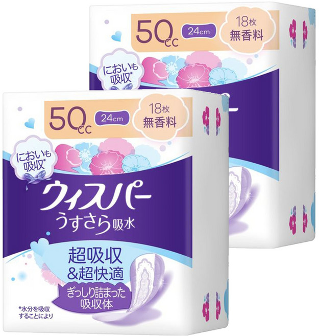 whisper 好自在 日本原裝進口 舒爽超吸收成人護墊 成人尿布無香 50cc 無翼型, 24cm, 18片, 2包