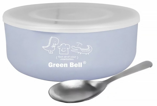 Green Bell 綠貝 兒童抗菌不鏽鋼碗組 含304不鏽鋼湯匙 375ml, 碗 + 湯匙 + 蓋子, 藍色, 1組