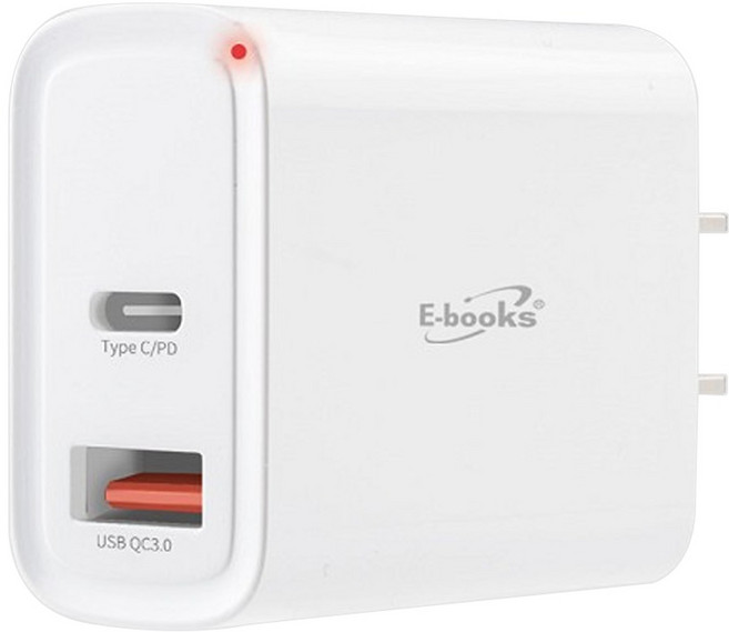 E-books B60 高效能 20W PD + QC3.0 雙孔快速充電器 E-PCB233, 白色, 1個