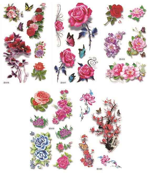彩色蝴蝶玫瑰紋身貼紙5件組, 04, 1組