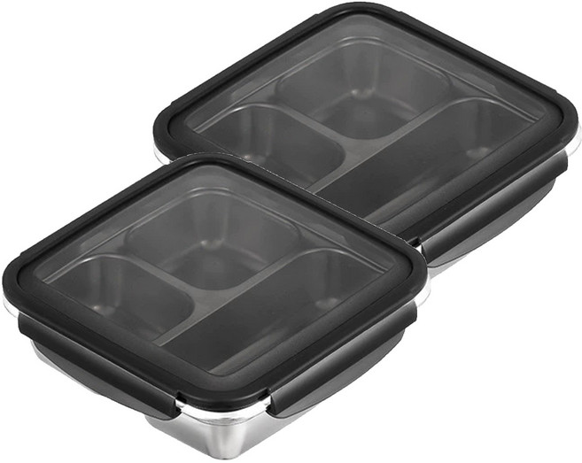 304不鏽鋼 黑蓋鋼色斜邊保鮮盒 可微波 三格 平蓋, 容器 + 蓋子, 2組