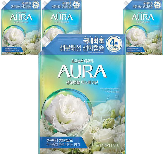 아우라 초고농축 섬유유연제 프레시릴리 리필, 4개, 1.7L