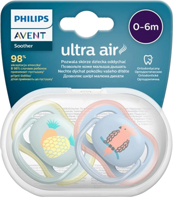 PHILIPS 飛利浦 AVENT 新安怡 超透氣矽膠安撫奶嘴 卡通系列 鳳梨+鸚鵡or櫻桃+小鳥, 0-6個月, 顏色隨機, 1組