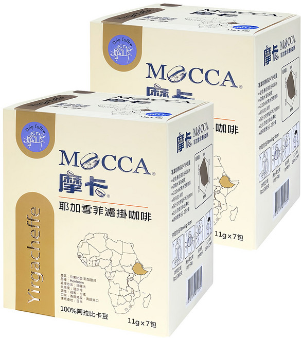 MOCCA 摩卡 耶加雪菲濾掛咖啡, 11g, 7包, 2盒