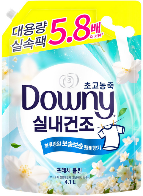 다우니 실내건조 초고농축 섬유유연제 프레시 클린 자스민향 리필, 4.1L, 1개