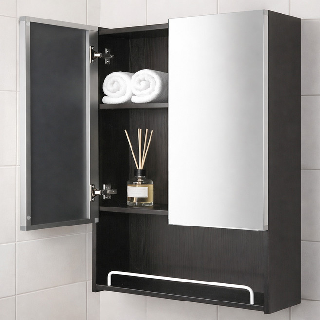 대형 오픈 거울 가이드 욕실 수납장 600 방문설치, 블랙, 1개