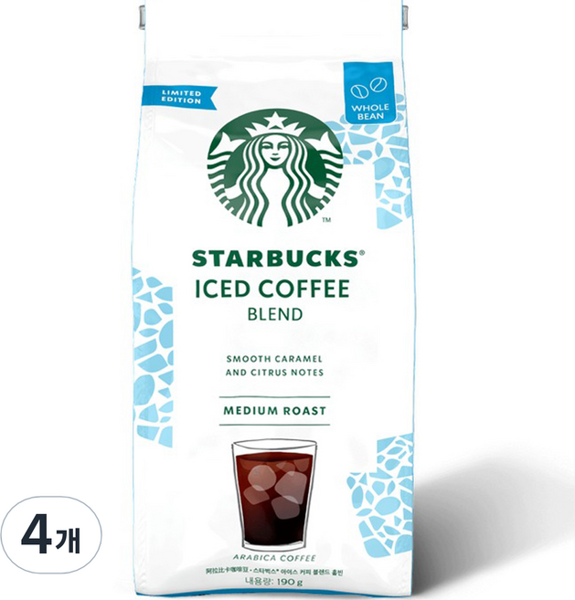 스타벅스 아이스 커피 블렌드 원두, 홀빈(분쇄안함), 190g, 4개