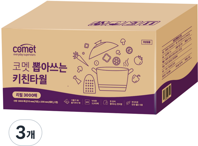 코멧 뽑아쓰는 키친타올 리필 2겹, 3000매, 3개