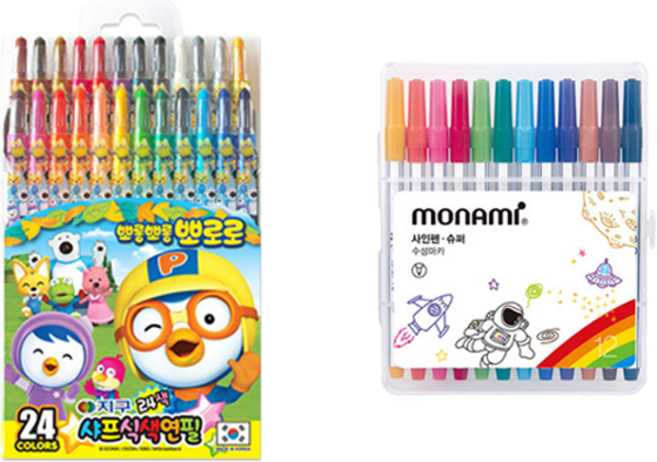 지구화학 뽀로로 샤프식 색연필 24색 + 모나미 슈퍼사인펜 12색 세트, 1세트