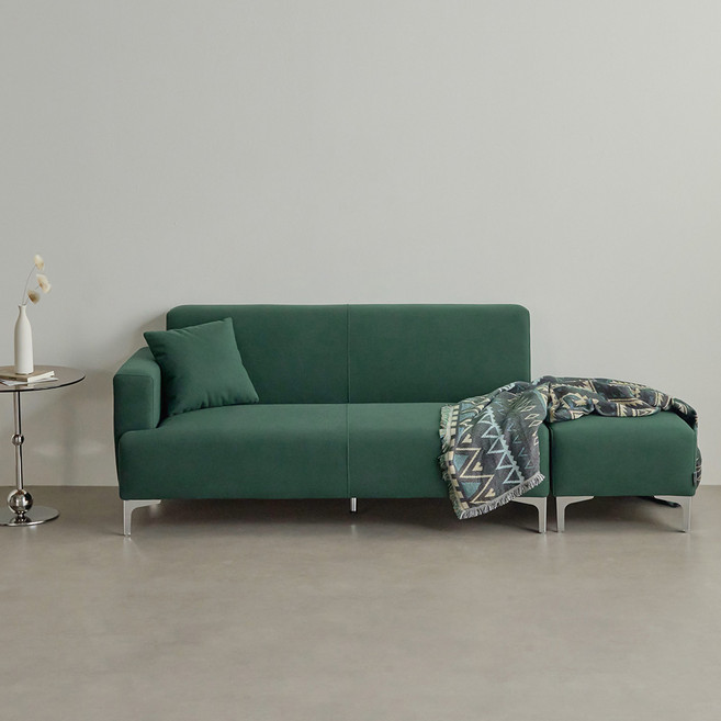 퍼리든 패브릭 우형 3인용 쇼파 + 쿠션 1p + 스툴 세트, 딥그린