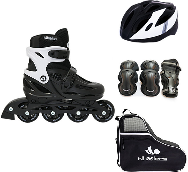 휠러스 아동용 에이스2 인라인스케이트 + 가방 + 보호대 + 헬멧 콤보 세트, 블랙, 1세트
