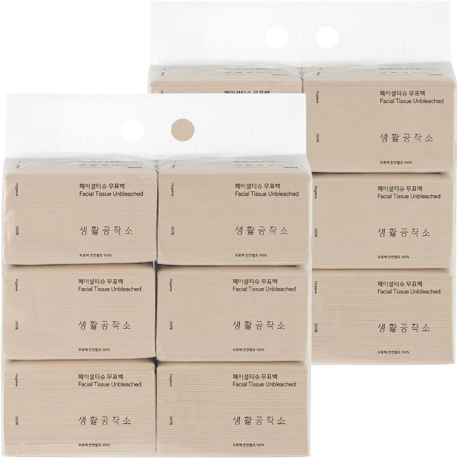 생활공작소 페이셜 무표백 천연펄프 미용티슈 2겹, 250매, 12개