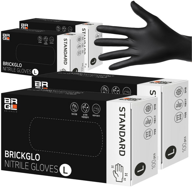 브릭글로 스탠다드 니트릴 장갑, 블랙, 대(L), 4개
