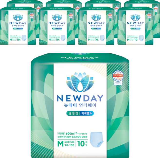 뉴데이 남성용 언더웨어 울트라슬림 성인기저귀, 중형, 10매입, 9세트
