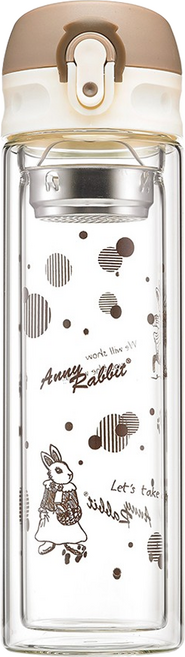 Anny Rabbit 安妮兔 雙層彈蓋玻璃瓶 附濾網, 透明色 + 米色 + 棕色, 300ml, 1個