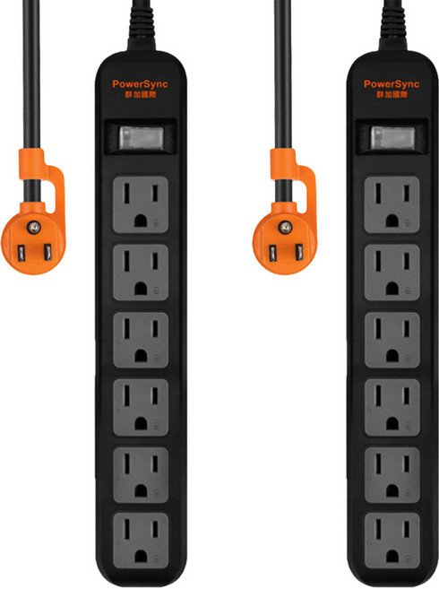 PowerSync 群加 直立式1開6插 防雷擊延長線 3孔 TS6ZF012 24.8 x 4.3 x 3cm, 2條, 黑色, 1.2m