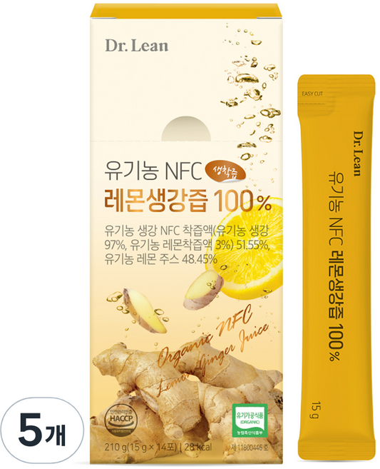 닥터린 유기농 NFC 레몬생강즙 100%, 210g, 5개