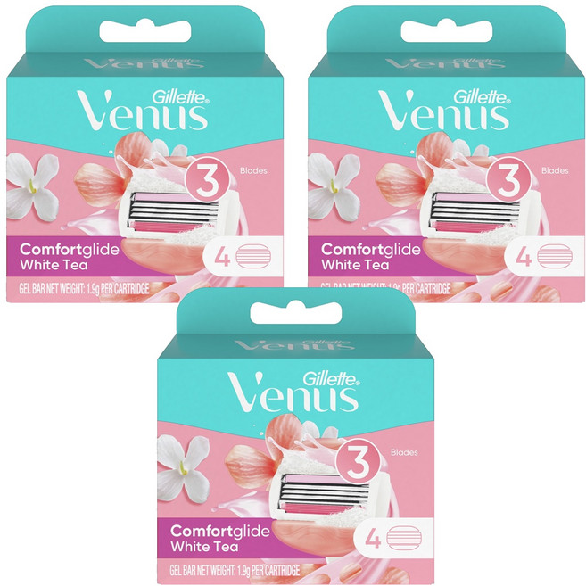 Venus 정품 컴포트 글라이드 화이트티 여성용 면도날, 4개입, 3개