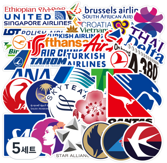 트래블큐브 세계 항공사 데코 스티커 55종, 혼합색상, 5세트