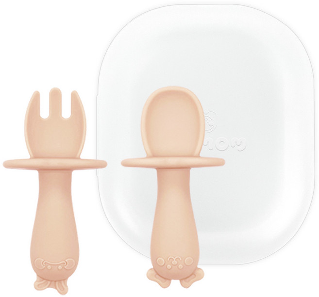 유비맘 자기주도 실리콘 이유식 스푼 + 포크 케이스 세트, 송편 코랄, 1세트