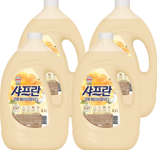 샤프란 섬유유연제 코튼 베이비파우더 본품, 3.1L, 4개