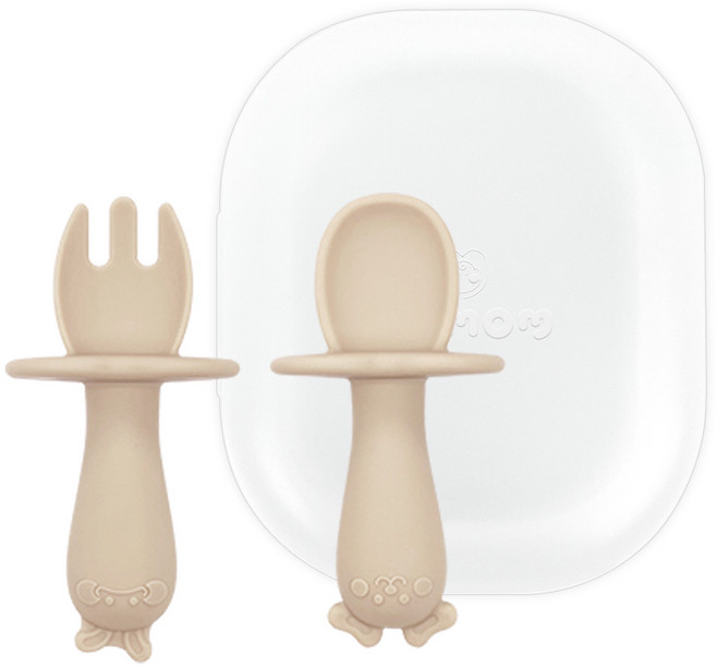 유비맘 자기주도 실리콘 이유식 스푼 + 포크 케이스 세트, 초코찰떡 초코, 1세트