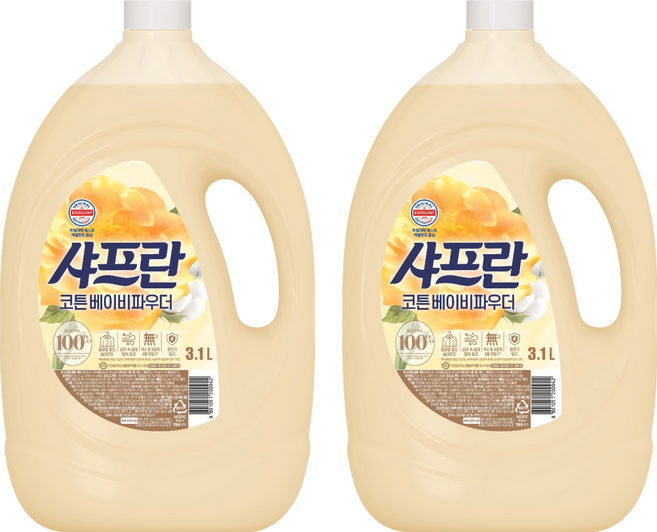 샤프란 섬유유연제 코튼 베이비파우더 본품, 3.1L, 2개