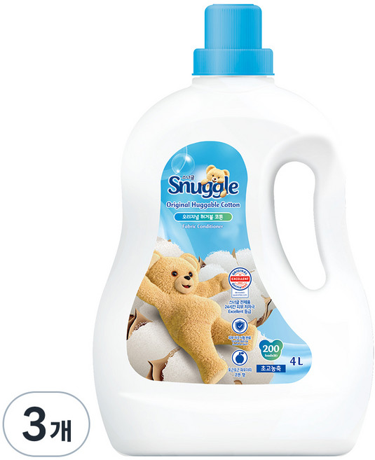스너글 초고농축 섬유유연제 허거블 코튼 본품, 4L, 3개