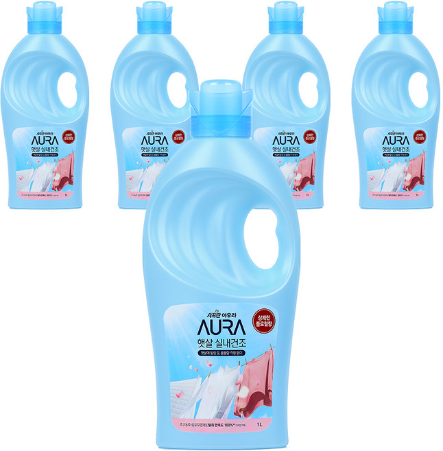 아우라 햇살 실내건조 초고농축 섬유유연제 상쾌한 플로럴향 본품, 1L, 5개