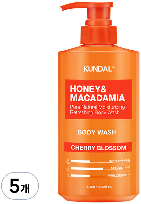 쿤달 허니 앤드 마카다미아 퓨어 바디워시 체리블라썸향, 500ml, 5개